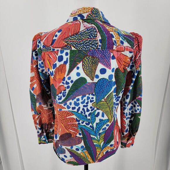 Dress Nado Blouse Women's Small Button Up Colorful Tropical Print Puff Shoulder - Picture 2 of 10